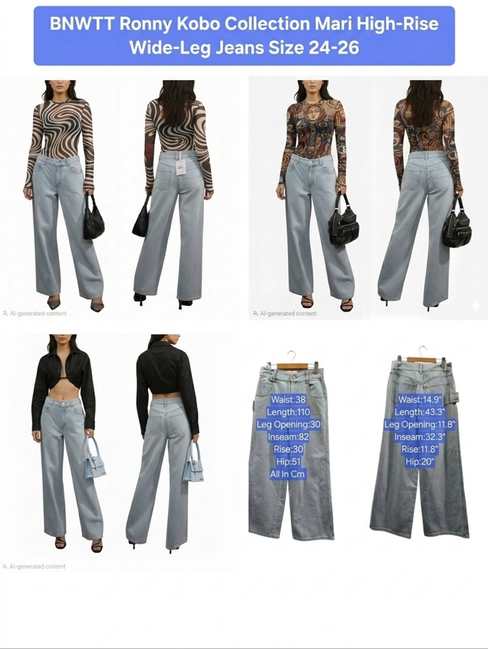 BNWTT Ronny Kobo Collection Mari High-Rise Wide-Leg Jeans Size 24-26